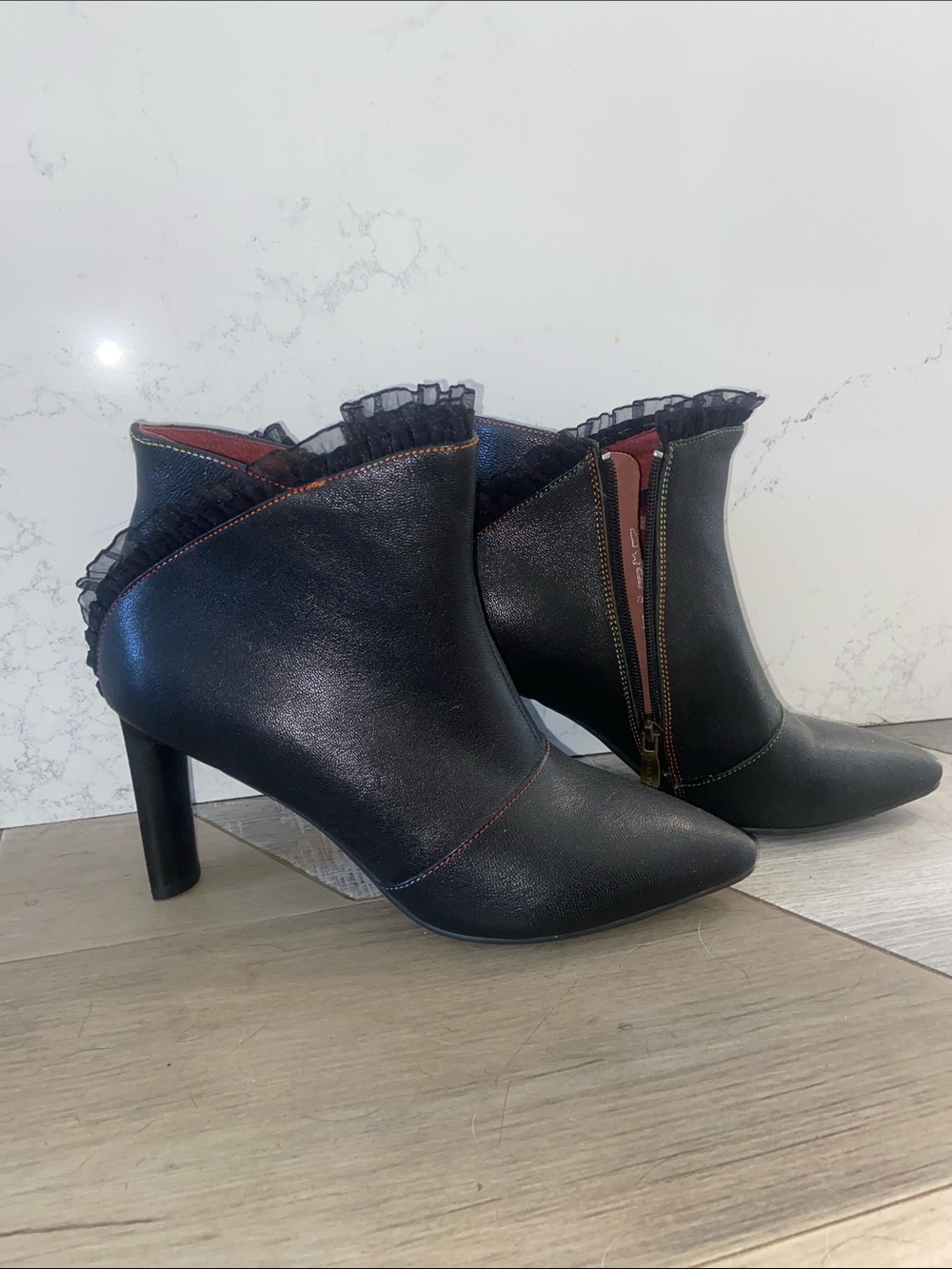 Laura Vita leather Women's Black Ankle Booties with Ruffle Trim